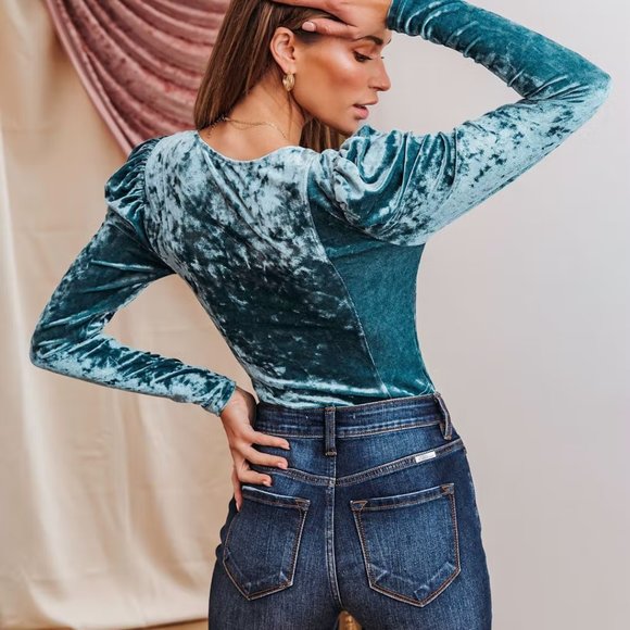 NEW - DINA VELVET PUFF SLEEVE TOP - TEAL - Picture 3 of 5